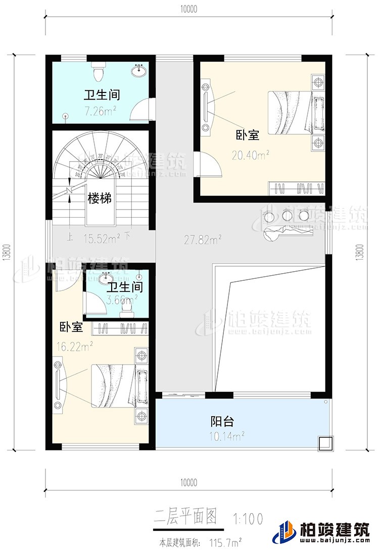 二层：2卧室，内卫，公卫，楼梯，阳台